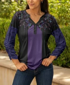 Lily | Black & Purple Pleated Button-Front Tunic - Plus