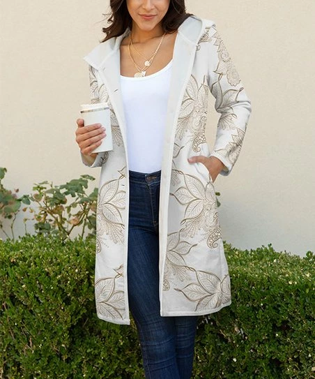 Lily | White & Brown Floral Pocket Hooded Car Coat - Plus 1 Lily | White & Brown Floral Pocket Hooded Car Coat - Plus