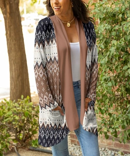 Lily | Cream & Navy Abstract Open Pocket Cardigan - Plus 1 Lily | Cream & Navy Abstract Open Pocket Cardigan - Plus