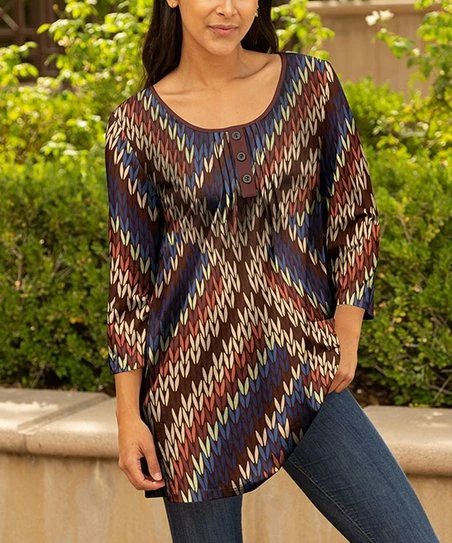 Lily | Blue & Brown Abstract Pleated Button-Front Tunic - Women 1 Lily | Blue & Brown Abstract Pleated Button-Front Tunic - Women