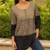 Lily | Beige & Black Speckle Color Block Pleated Button-Front Tunic - Plus
