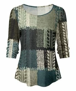 Lily | Gray & Teal Abstract Patchwork Boatneck Top - Women