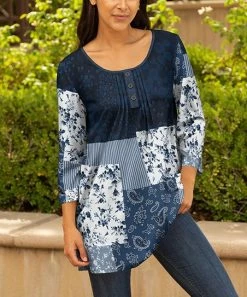 Lily | Navy & White Paisley Patchwork Pleated Button-Front Tunic - Women