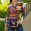 Lily | Red & Navy Geometric Long-Sleeve Notch Neck Top - Women