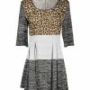 Lily | Gray & Tan Leopard Color Block Dot Three-Quarter Sleeve Boatneck Tunic - Women