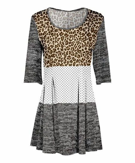 Lily | Gray & Tan Leopard Color Block Dot Three-Quarter Sleeve Boatneck Tunic - Women 1 Lily | Gray & Tan Leopard Color Block Dot Three-Quarter Sleeve Boatneck Tunic - Women