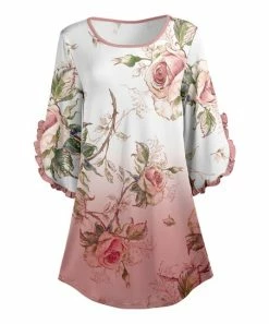 Lily | Pink & White Ombré Floral Ruffle-Sleeve Boatneck Tunic - Women & Plus