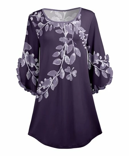 Lily | Purple & Lavender Floral Ruffle-Sleeve Boatneck Tunic - Women 1 Lily | Purple & Lavender Floral Ruffle-Sleeve Boatneck Tunic - Women
