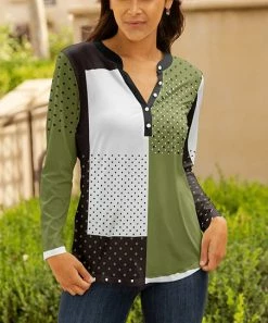 Lily | Black & Olive Color Block Polka Dot Button-Front V-Neck Top - Plus