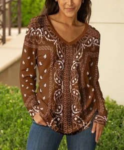 Lily | Brown & White Paisley V-Neck Tunic - Women