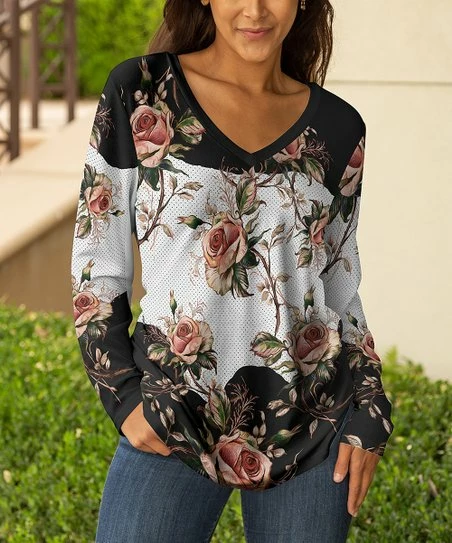 Lily | Black & White Floral V-Neck Tunic - Plus 1 Lily | Black & White Floral V-Neck Tunic - Plus