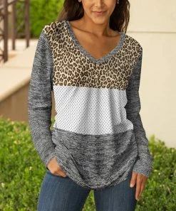 Lily | Gray & Brown Leopard Color Block V-Neck Tunic - Plus