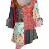 Lily | Red & Blue Patchwork Floral Tie-Sleeve Asymmetrical Tunic - Women