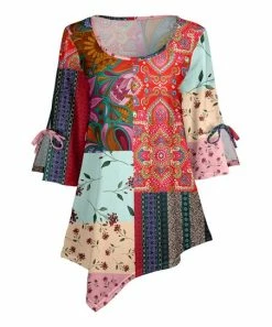 Lily | Red & Blue Patchwork Floral Tie-Sleeve Asymmetrical Tunic - Women