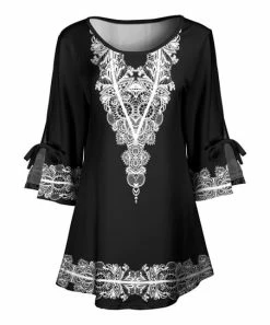 Lily | Black & White Lace-Print Tie-Sleeve Boatneck Tunic - Women & Plus