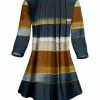 Lily | Navy & Brown Stripe Three-Quarter Sleeve Pleated Tunic - Women