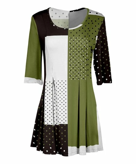 Lily | Black & Olive Color Block Dot Three-Quarter Sleeve Boatneck Tunic - Women & Plus 1 Lily | Black & Olive Color Block Dot Three-Quarter Sleeve Boatneck Tunic - Women & Plus