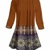 Lily | Brown & Blue Arabesque Three-Quarter Sleeve Pleated Tunic - Women
