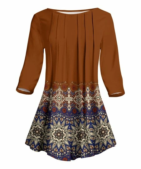 Lily | Brown & Blue Arabesque Three-Quarter Sleeve Pleated Tunic - Women 1 Lily | Brown & Blue Arabesque Three-Quarter Sleeve Pleated Tunic - Women