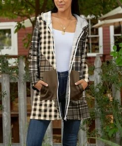 Lily | Brown & Cream Plaid Pocket Zip-Up Hoodie - Women