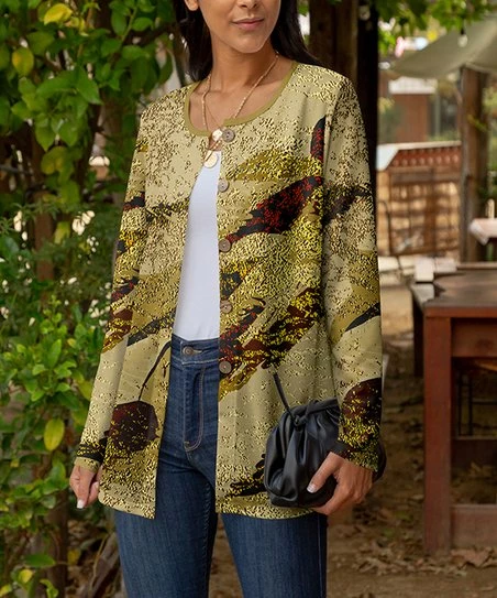 Lily | Beige & Gold Abstract Button-Up Cardigan - Plus 1 Lily | Beige & Gold Abstract Button-Up Cardigan - Plus