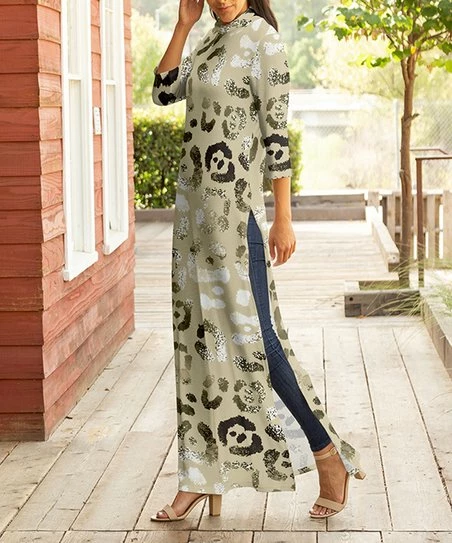 Lily | Cream & Gray Jaguar Side-Slit Mock Neck Maxi Dress - Plus 1 Lily | Cream & Gray Jaguar Side-Slit Mock Neck Maxi Dress - Plus