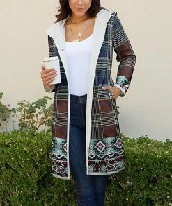 Lily | Blue & Brown Plaid Geometric Hooded Duster - Plus