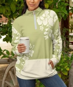 Lily | Green & Cream Floral Half-Zip Pullover - Women