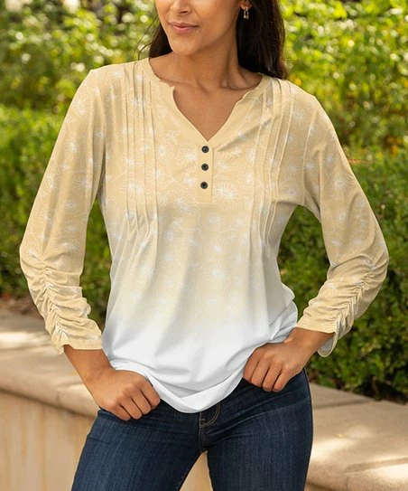 Lily | Beige & White Garden Ombré Notch Neck Henley Tunic - Plus 1 Lily | Beige & White Garden Ombré Notch Neck Henley Tunic - Plus