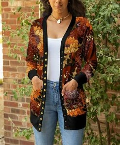 Lily | Rust & Orange Floral Pocket Cardigan - Women & Plus