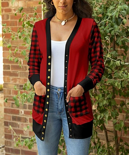 Lily | Red & Black Buffalo Check Pocket Cardigan - Women & Plus 1 Lily | Red & Black Buffalo Check Pocket Cardigan - Women & Plus