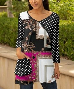 Lily | Black & Pink Polka Dot Patchwork Pocket Wide V-Neck Tunic - Women