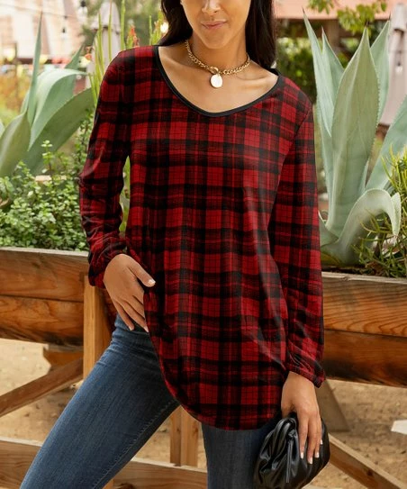 Lily | Red & Black Plaid Long-Sleeve V-Neck Tunic - Women & Plus 1 Lily | Red & Black Plaid Long-Sleeve V-Neck Tunic - Women & Plus