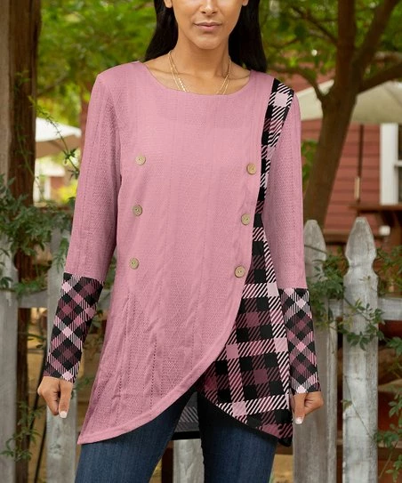 Lily | Pink & Black Plaid Color Block Long-Sleeve Wrap Tunic - Women 1 Lily | Pink & Black Plaid Color Block Long-Sleeve Wrap Tunic - Women