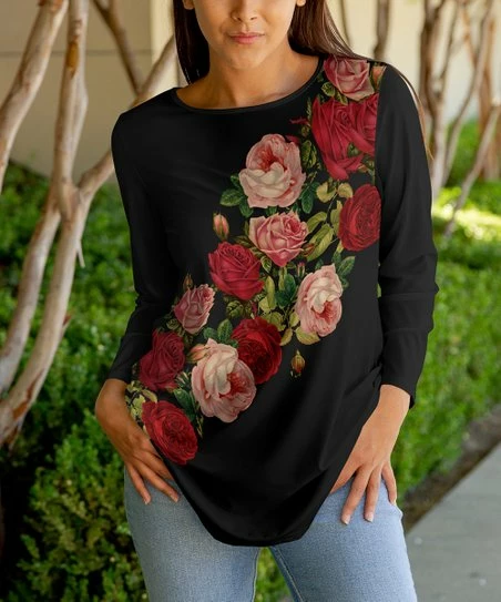 Lily | Black & Red Floral Long-Sleeve Tunic - Plus 1 Lily | Black & Red Floral Long-Sleeve Tunic - Plus