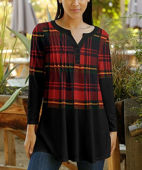 Lily | Red & Black Plaid Pleated Notch Neck Tunic - Women & Plus 1 Lily | Red & Black Plaid Pleated Notch Neck Tunic - Women & Plus