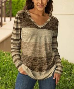 Lily | Beige & Brown Stripe Long-Sleeve V-Neck Tunic - Women & Plus