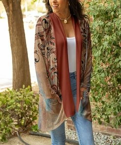 Lily | Rust & Beige Floral Pocket Shawl-Neck Open Cardigan - Plus