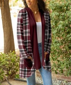 Lily | Red & White Plaid Pocket Open Cardigan - Women & Plus