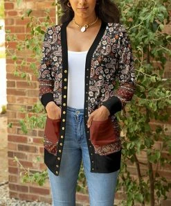 Lily | Black & Brown Paisley Snap-Button Pocket Cardigan - Plus