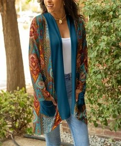 Lily | Orange & Teal Geometric Floral Pocket Open Cardigan - Women & Plus