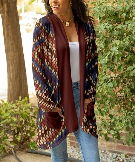 Lily | Brown & Navy Knit-Pattern Pocket Open Cardigan - Women & Plus 1 Lily | Brown & Navy Knit-Pattern Pocket Open Cardigan - Women & Plus