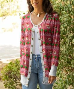 Lily | Pink & Green Santa Mistletoe Stripe Snap-Button Cardigan - Plus