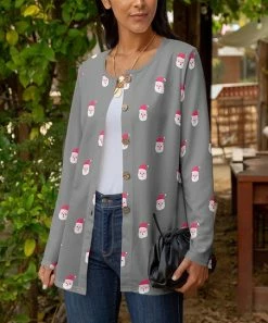 Lily | Gray & Red Santa Heads Button-Up Long-Sleeve Cardigan - Plus