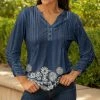Lily | Navy & Cream Floral Ruched-Sleeve Pleated Notch Neck Tunic - Women