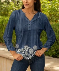 Lily | Navy & Cream Floral Ruched-Sleeve Pleated Notch Neck Tunic - Women