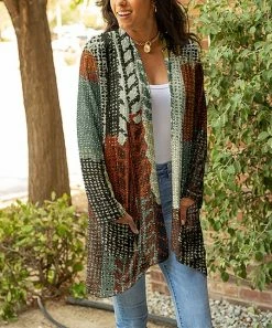 Lily | Gray & Rust Abstract Pocket Shawl-Neck Open Cardigan - Women & Plus