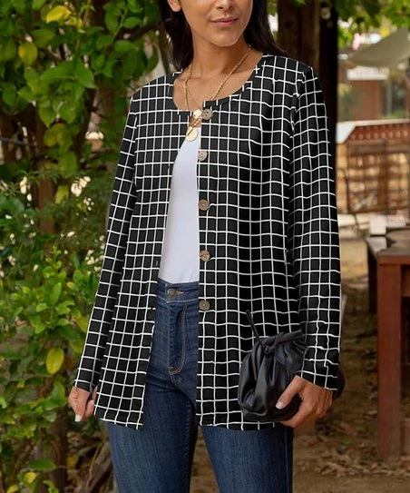 Lily | Black & White Windowpane Longline Cardigan - Women & Plus 1 Lily | Black & White Windowpane Longline Cardigan - Women & Plus