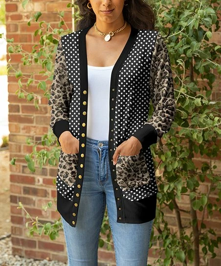 Lily | Black & Taupe Polka Dot Snap-Button Pocket Cardigan - Women 1 Lily | Black & Taupe Polka Dot Snap-Button Pocket Cardigan - Women