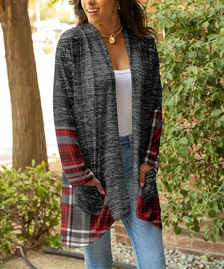 Lily | Gray & Red Plaid Pocket Open Cardigan - Women & Plus 1 Lily | Gray & Red Plaid Pocket Open Cardigan - Women & Plus